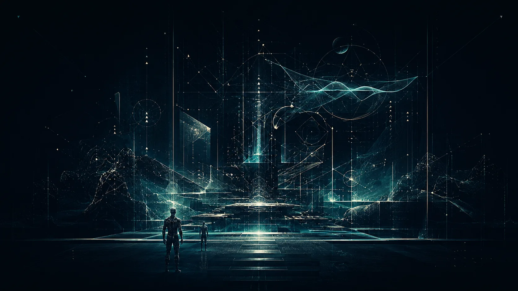 A vast designed world of ordered structures. Two human figures stand inside it.