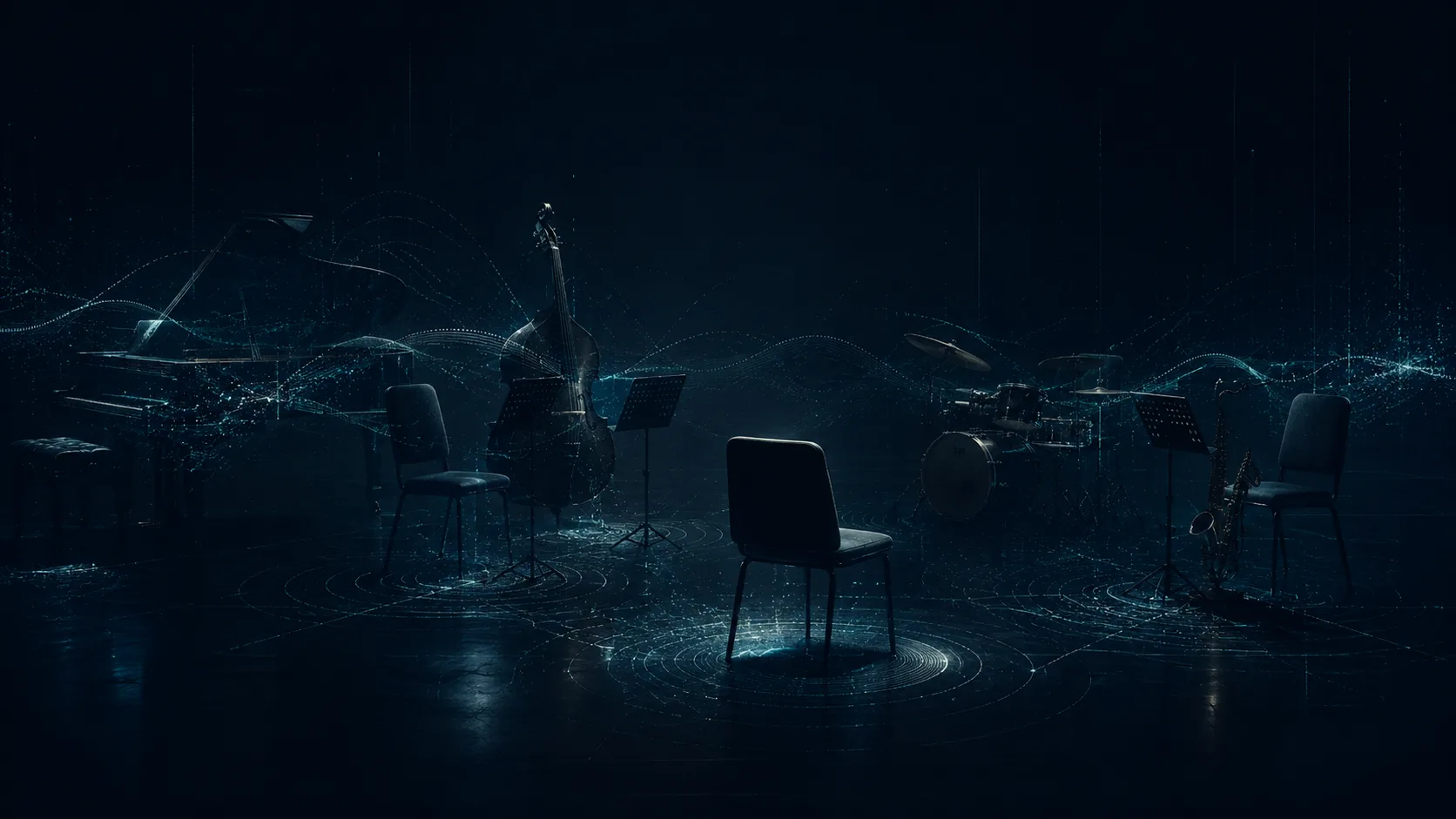 A dark rehearsal room with piano, upright bass, drums and saxophone. One empty chair sits at the center with sound ripples on the floor.