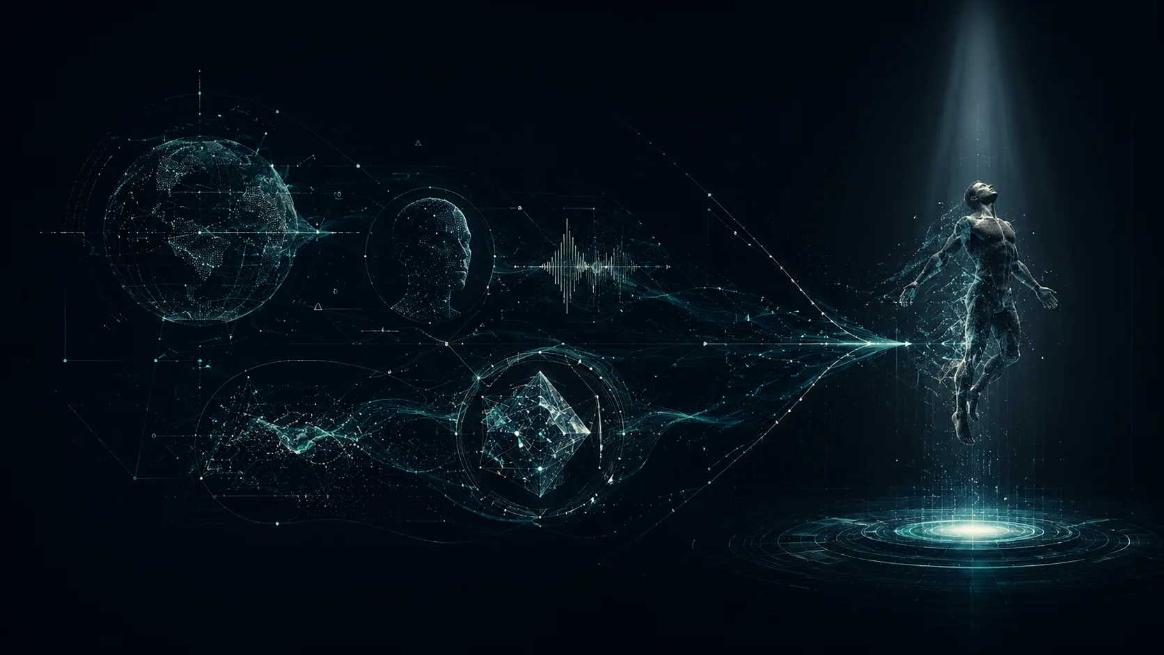 World, identity, sound and structure converge toward a human figure arriving in a beam of light